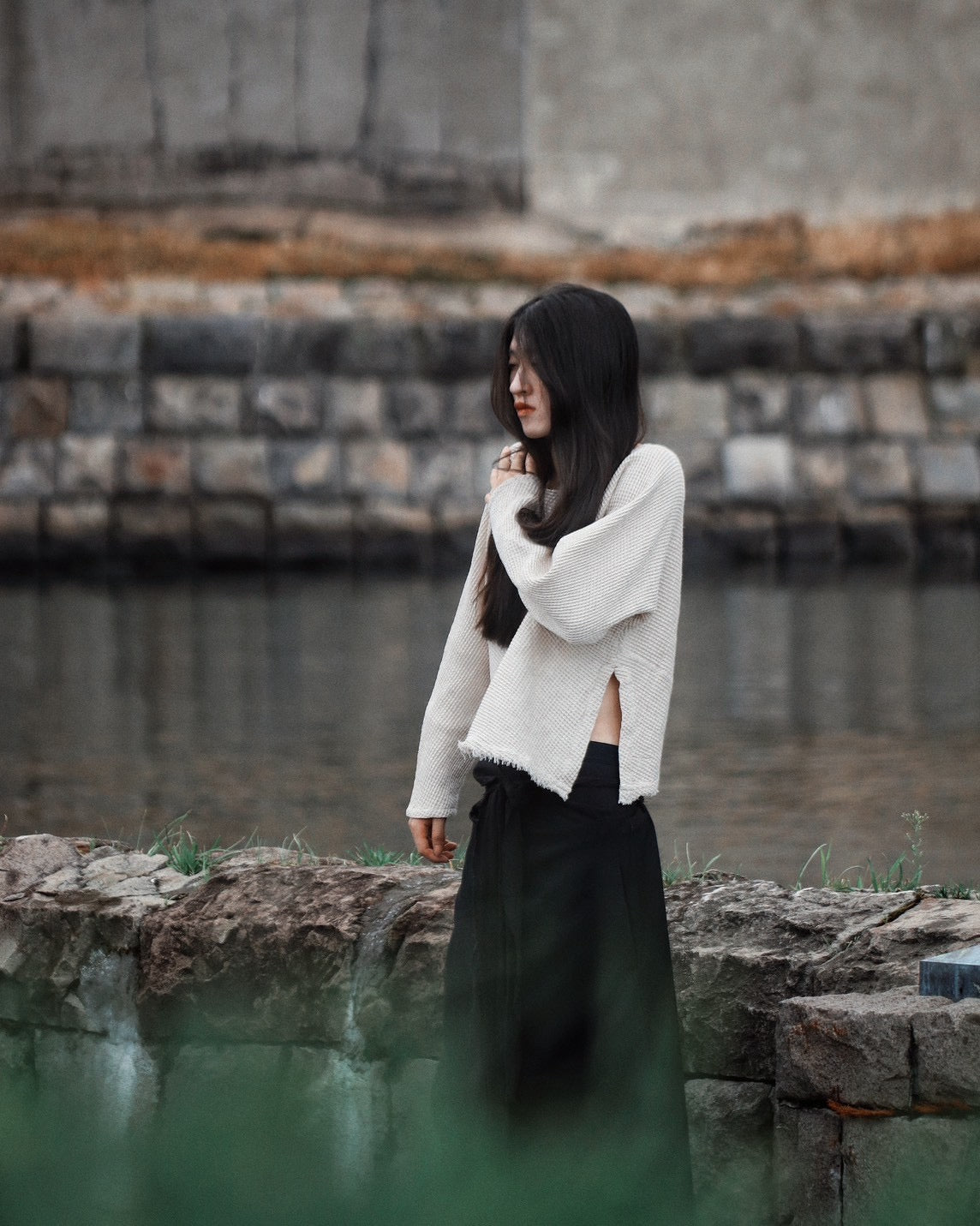waffle bias pullover