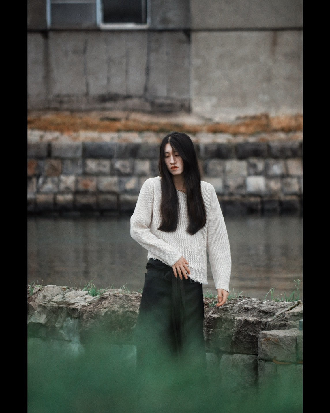 waffle bias pullover