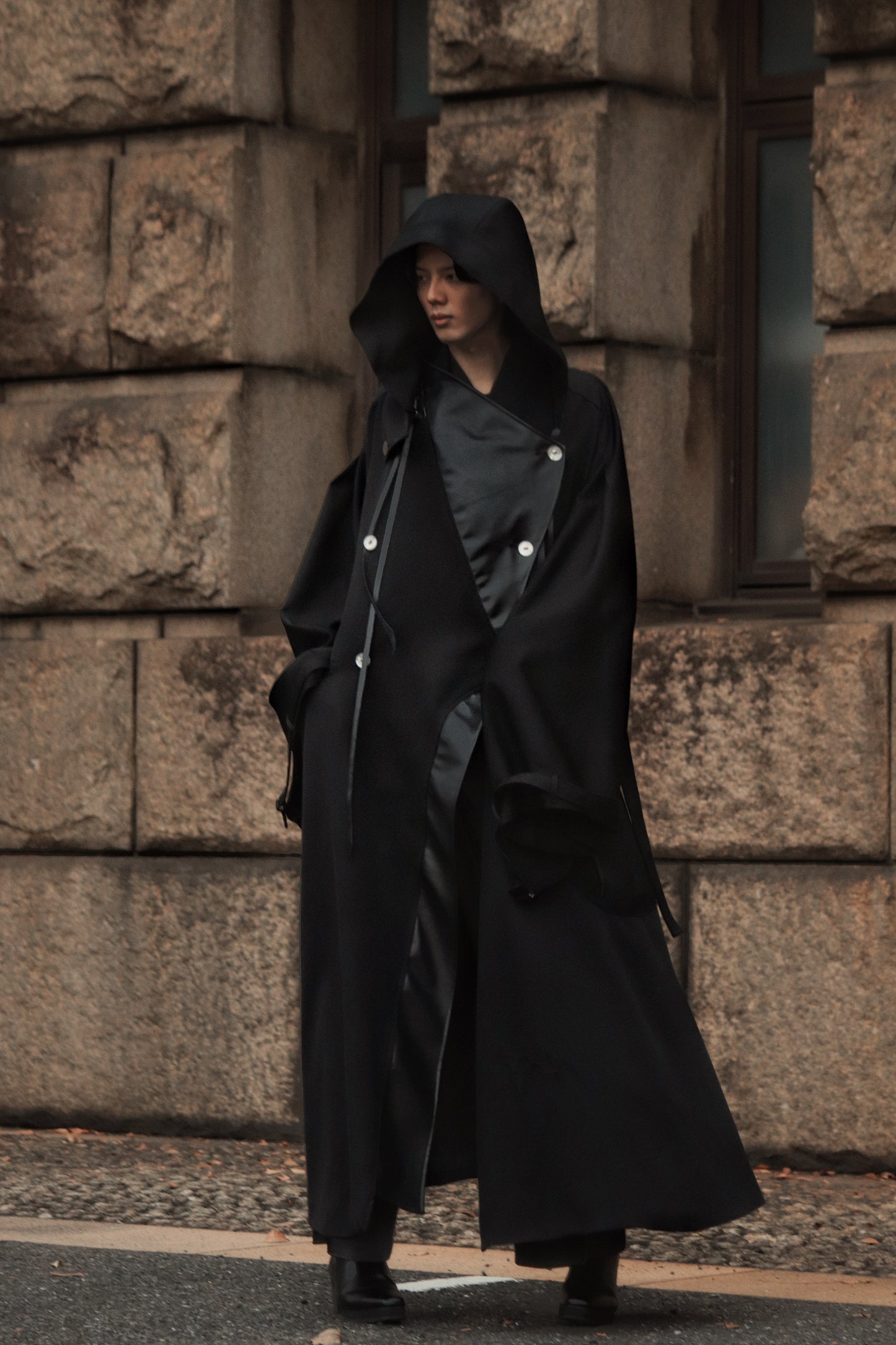 wool × leather layered coat