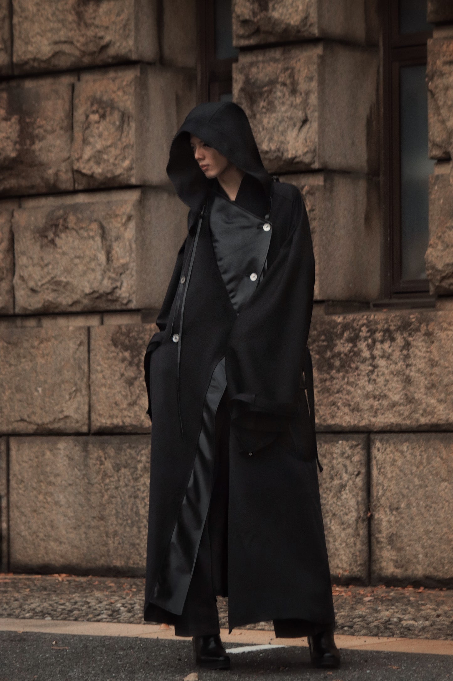 wool × leather layered coat