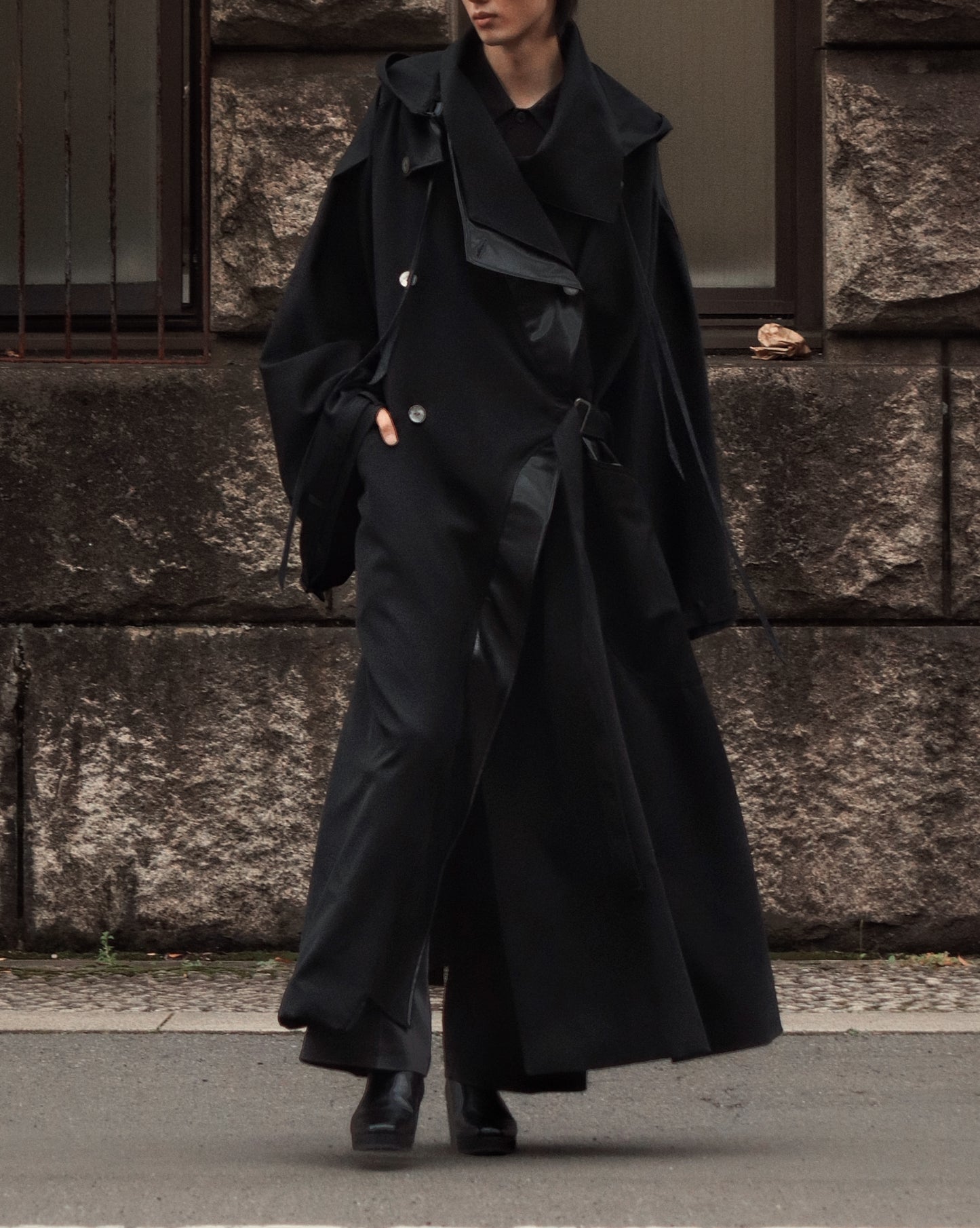 wool × leather layered coat