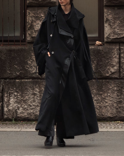 wool × leather layered coat
