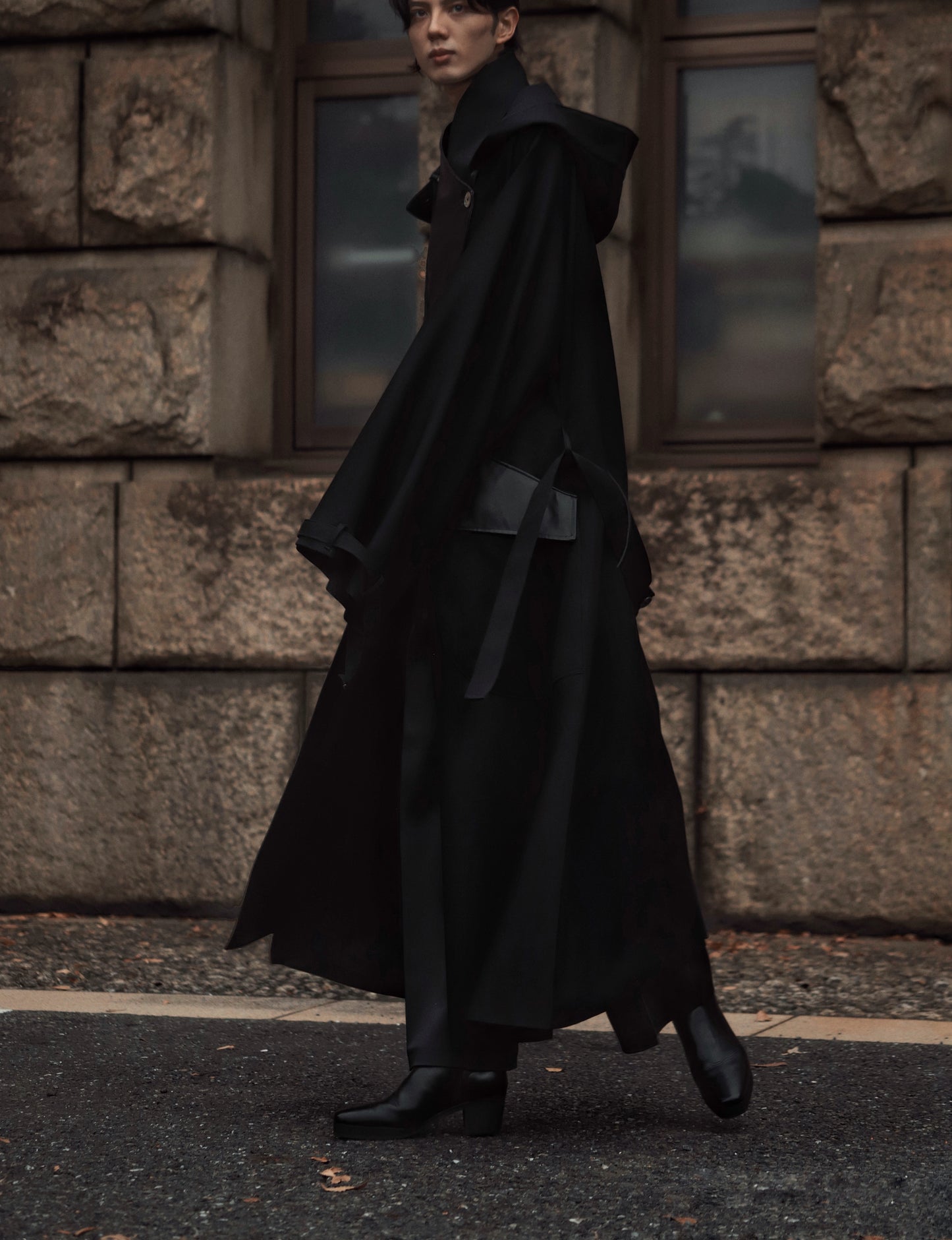 wool × leather layered coat