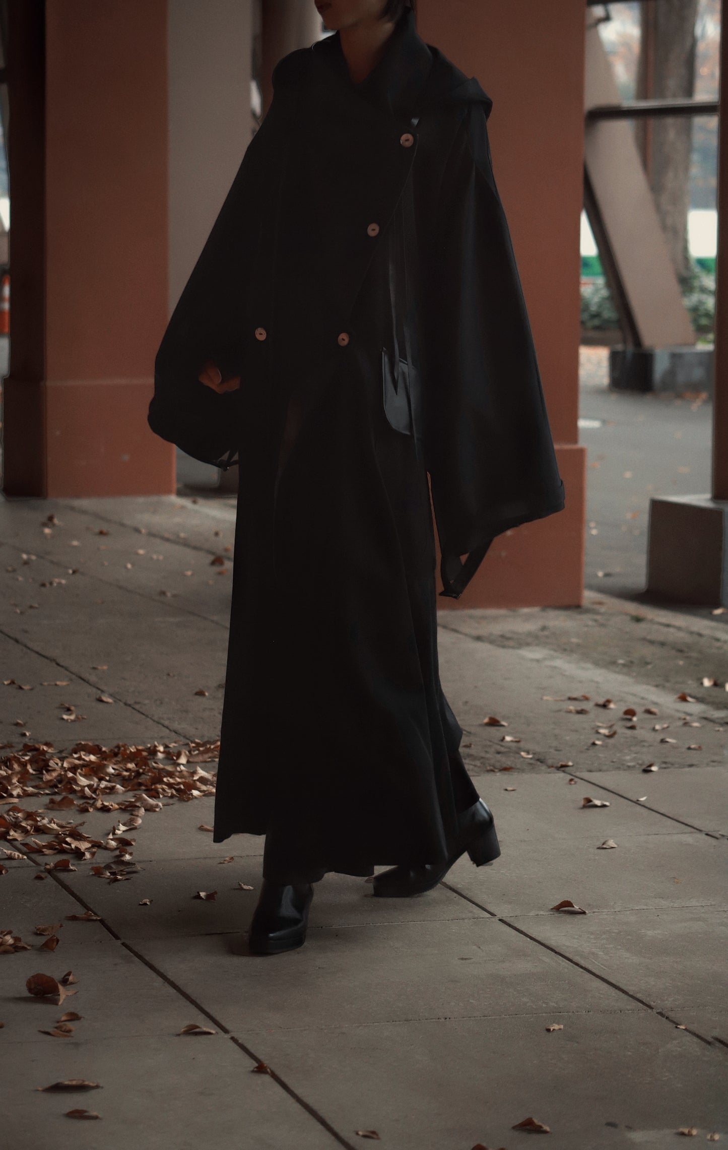 wool × leather layered coat