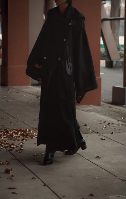 wool × leather layered coat