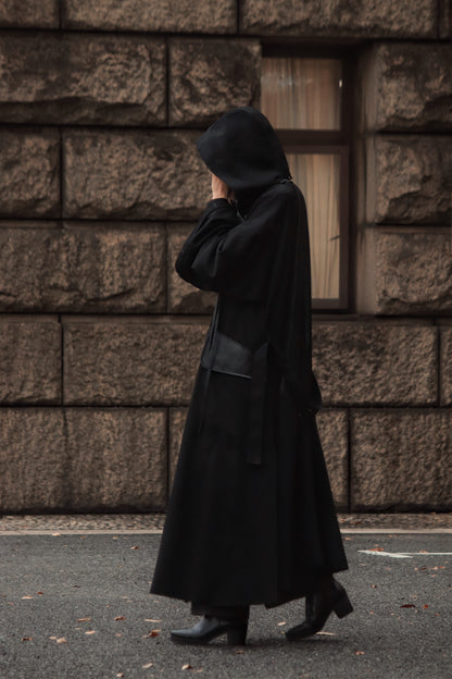wool × leather layered coat