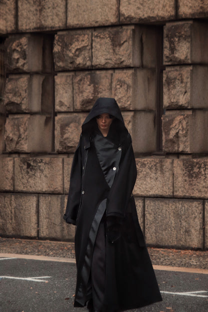 wool × leather layered coat