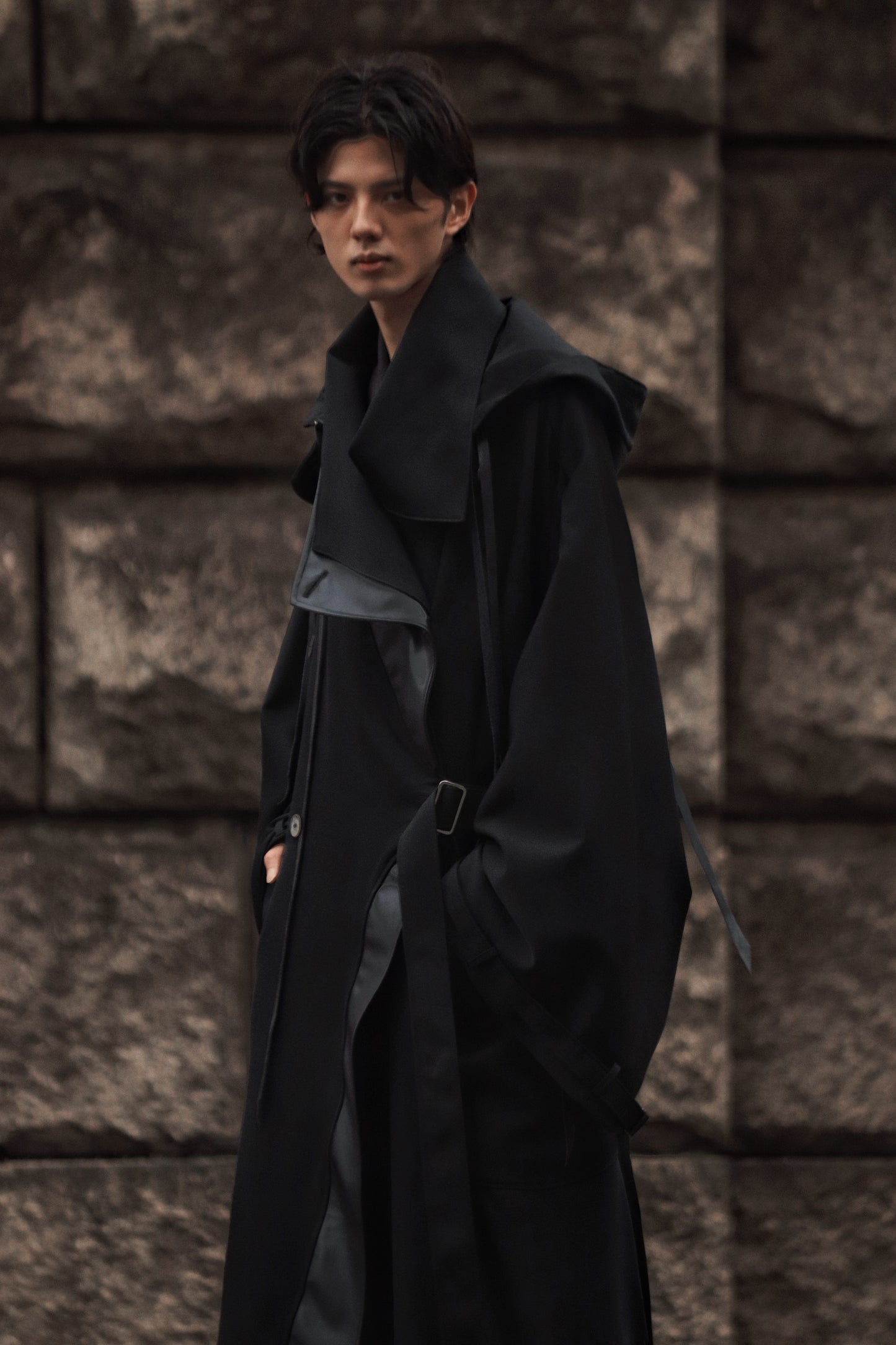 wool × leather layered coat