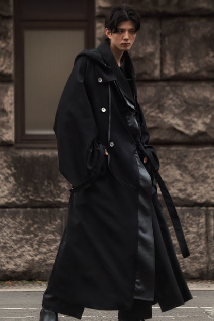 wool × leather layered coat
