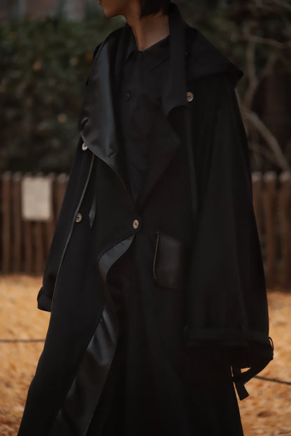 wool × leather layered coat