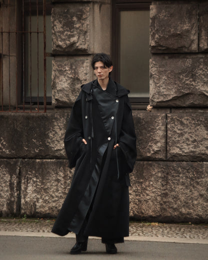 wool × leather layered coat