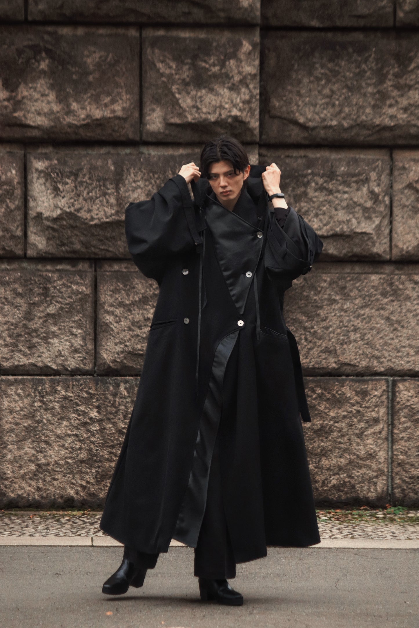 wool × leather layered coat