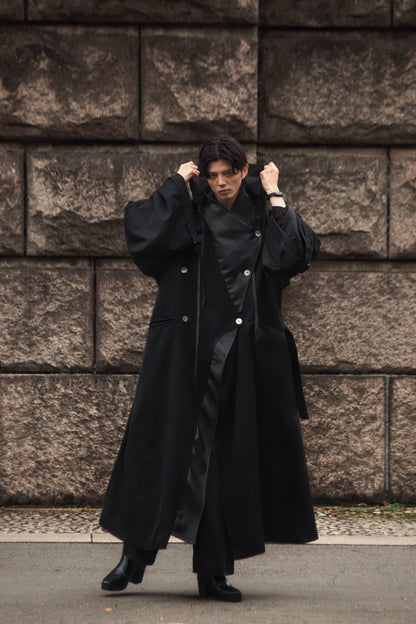 wool × leather layered coat