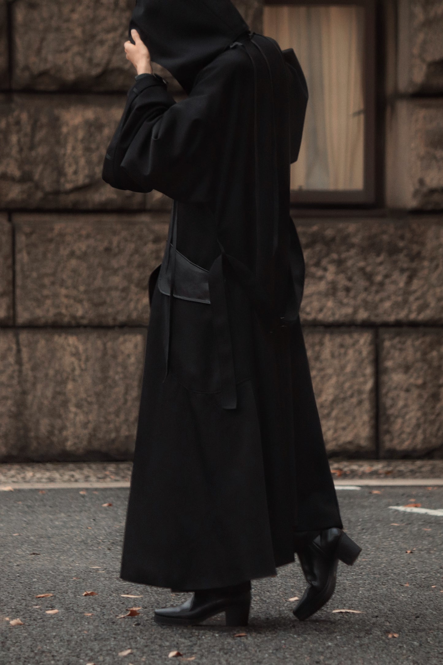 wool × leather layered coat