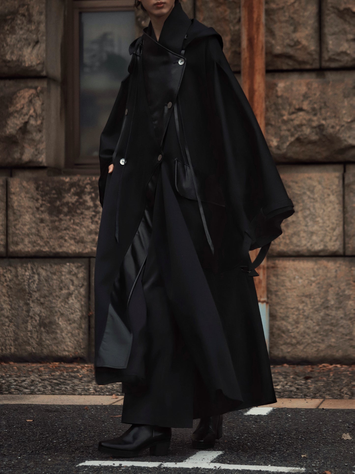 wool × leather layered coat