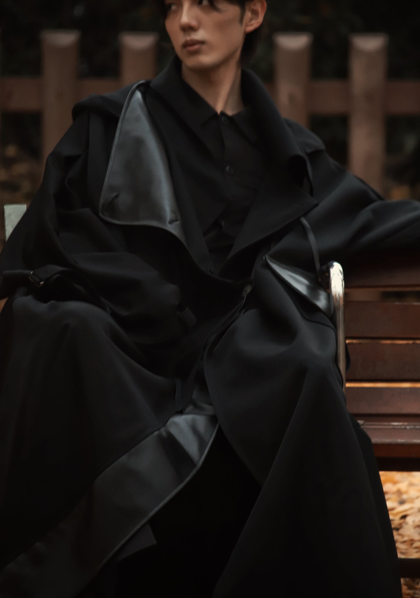 wool × leather layered coat