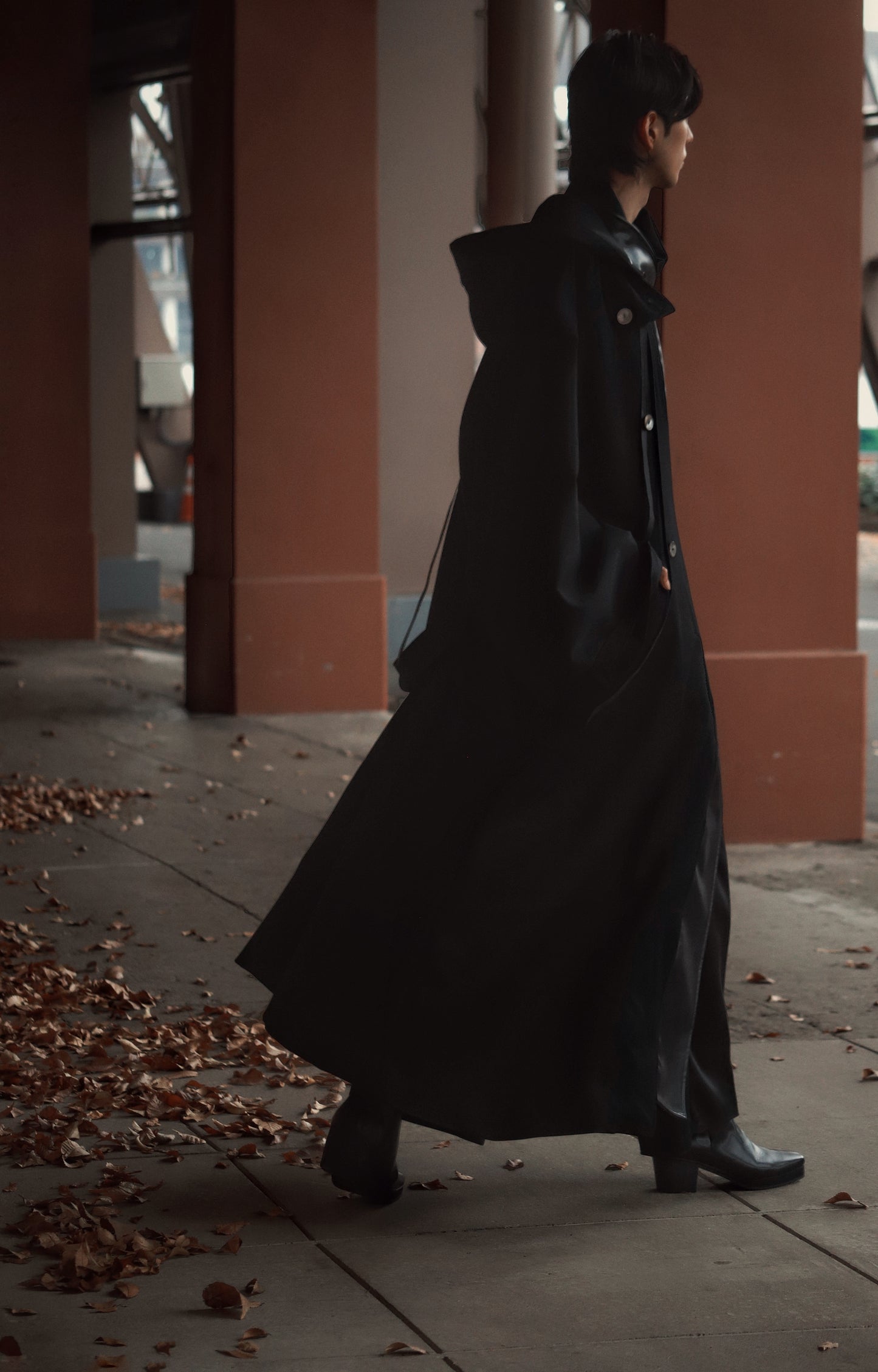 wool × leather layered coat