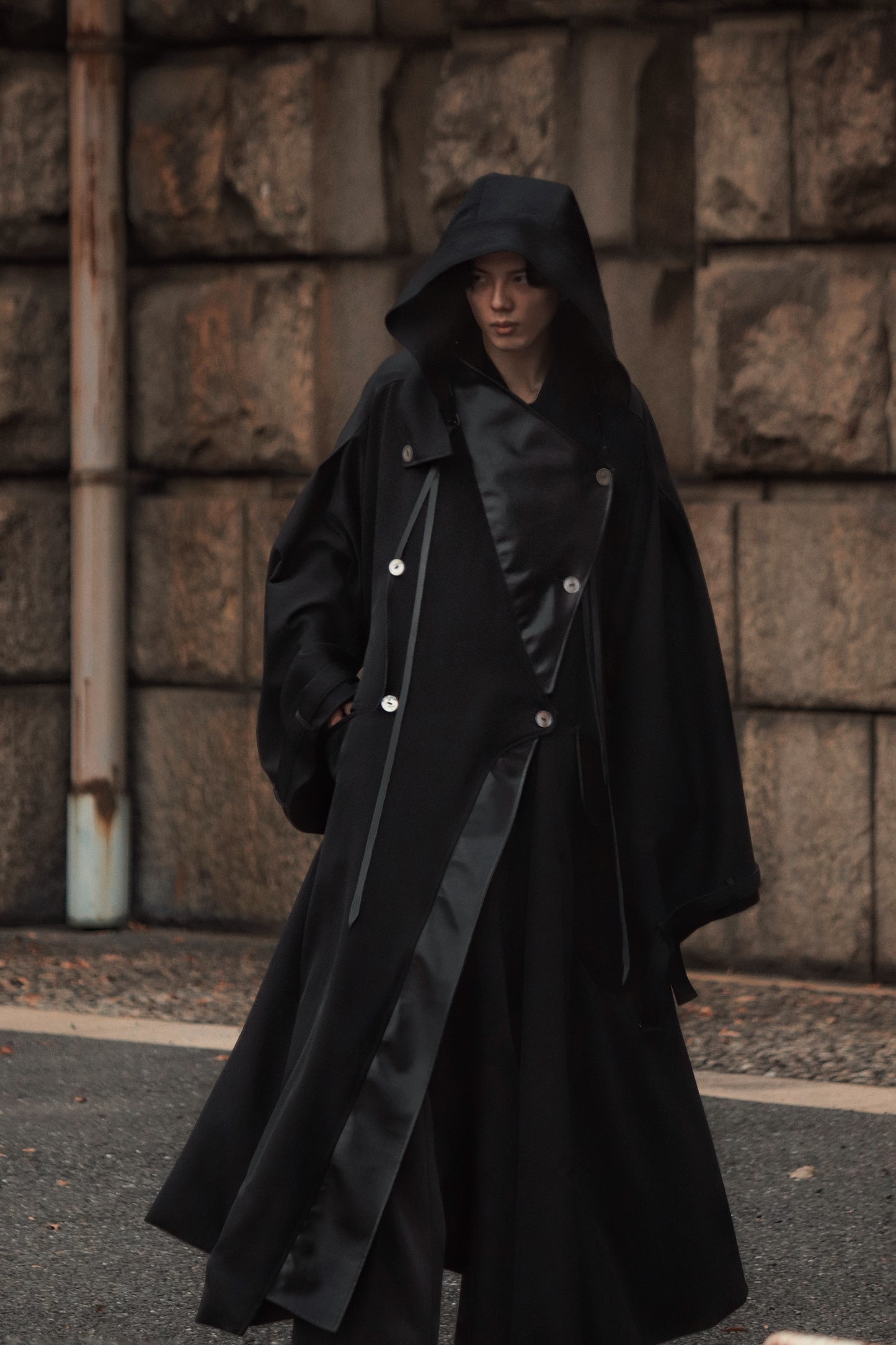 wool × leather layered coat