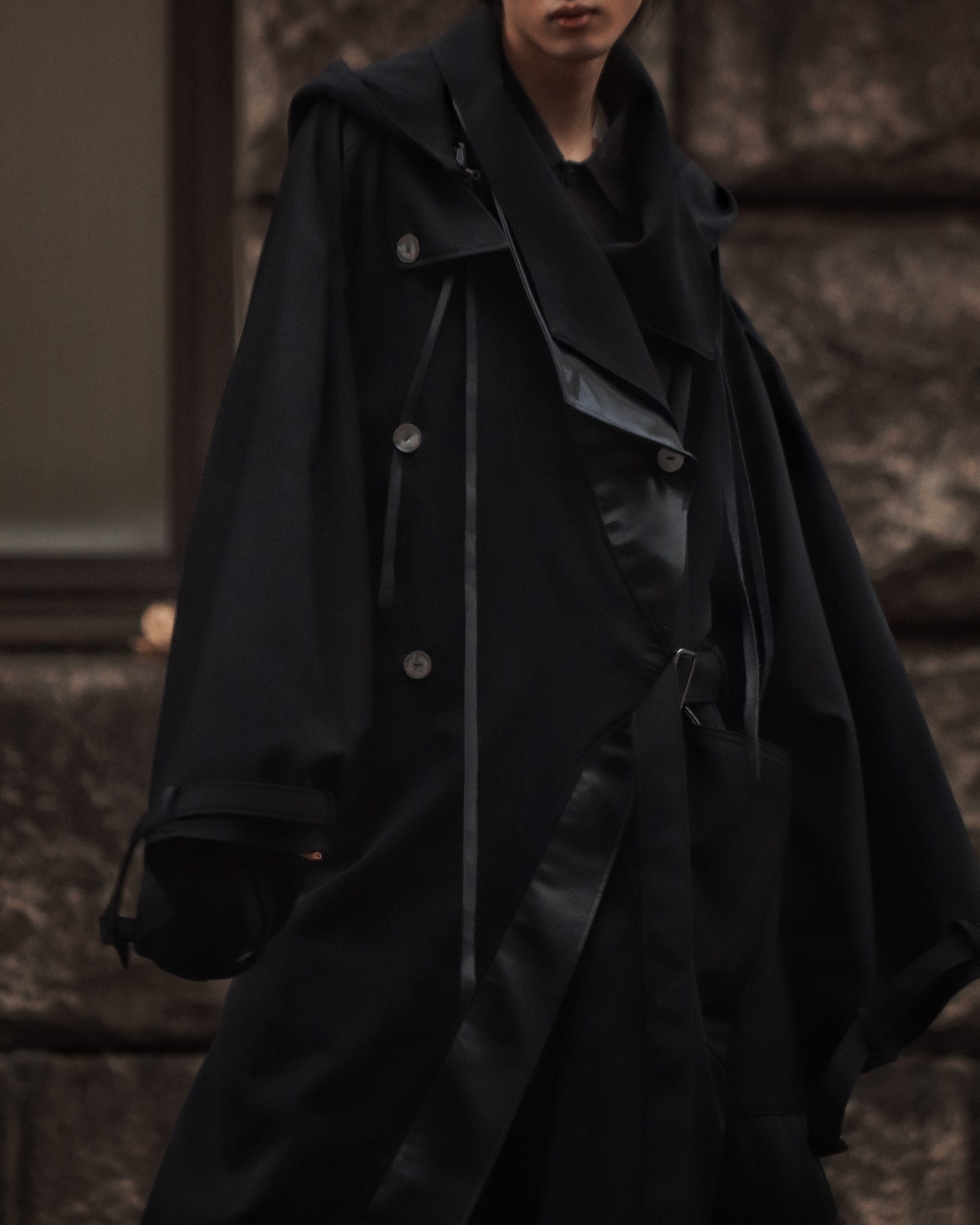 wool × leather layered coat