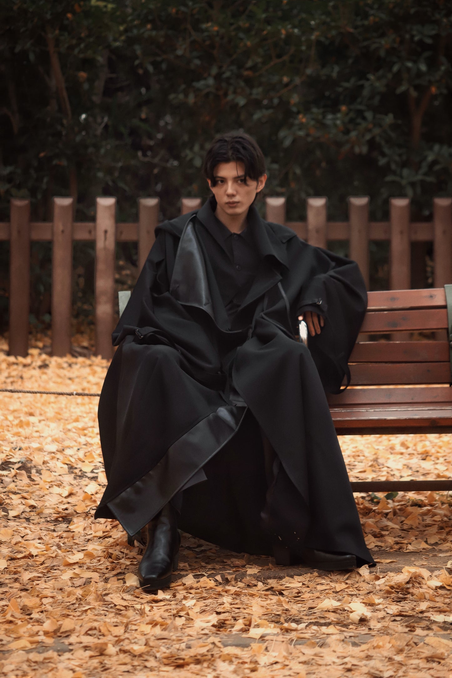 wool × leather layered coat