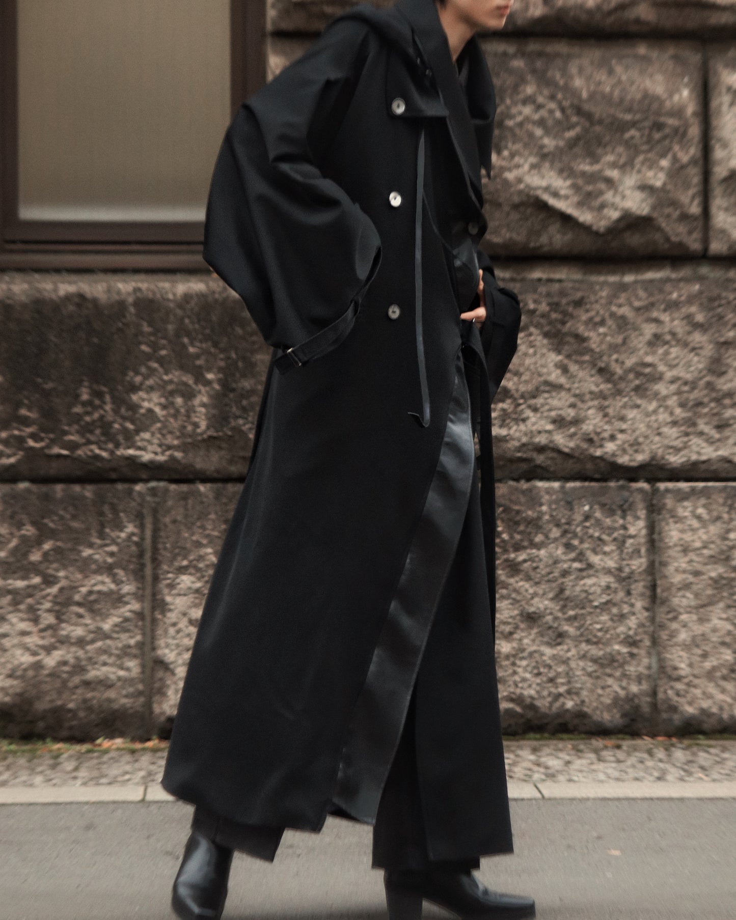 wool × leather layered coat