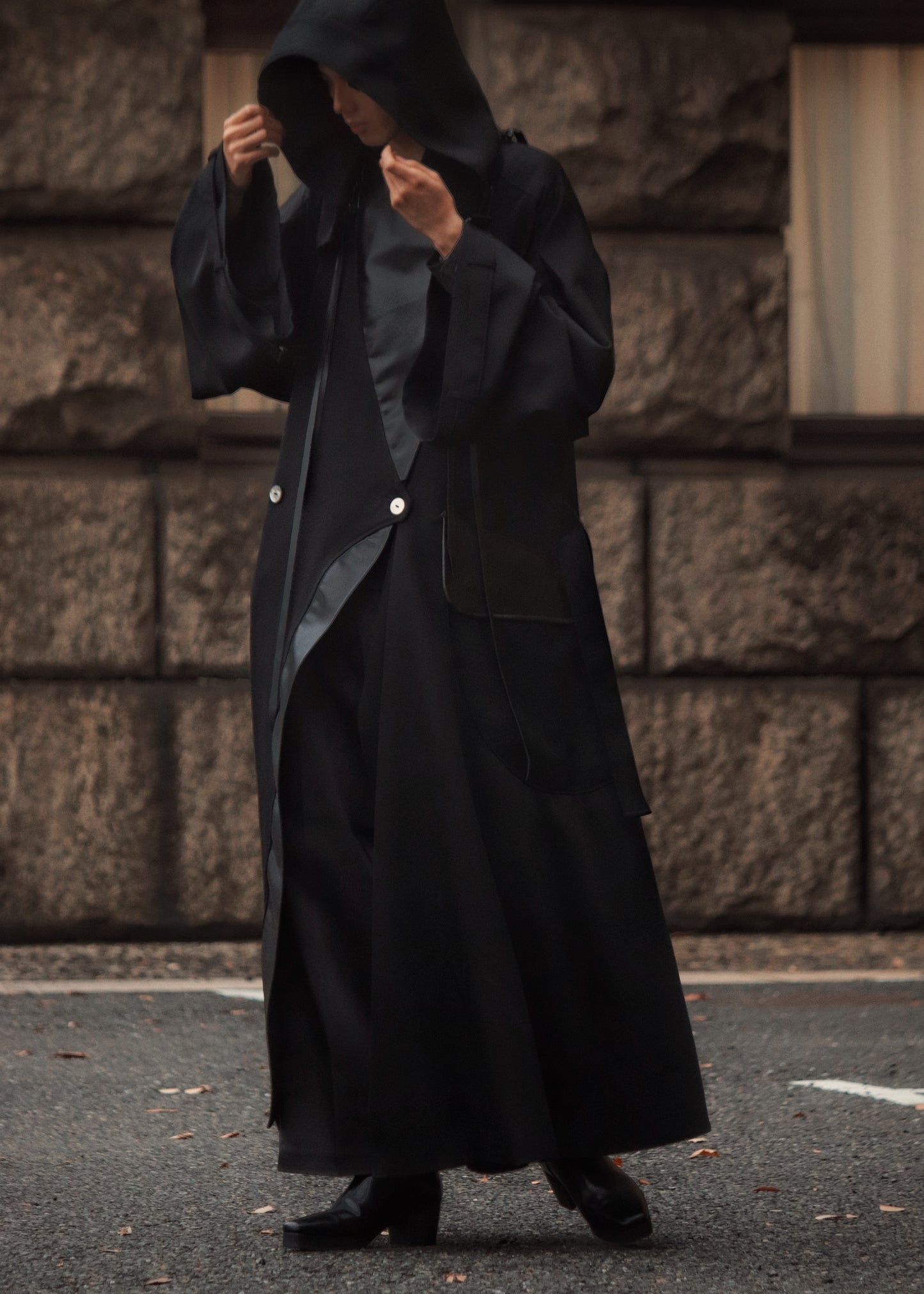 wool × leather layered coat