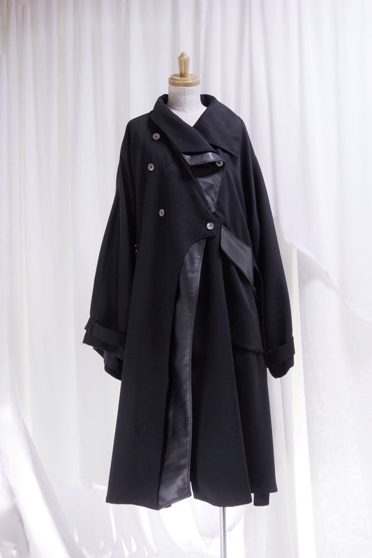wool × leather layered coat
